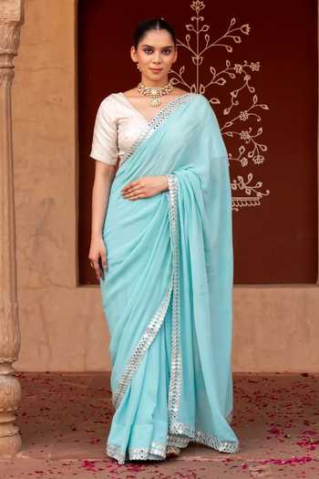 Buy Zal From Benaras Sky Blue Georgette Mirror Border Saree With Unstitched Blouse Fabric Online at Aza Fashions Buy_Zal From Benaras_Sky Blue Georgette Mirror Border Saree With Unstitched Blouse Fabric _Online_at_Aza_Fashions