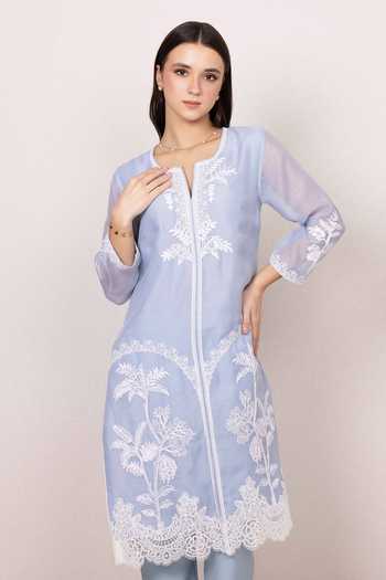 RANNA GILL Blue Linen Split V-neck Jigsa Floral Embroidered Tunic And Pant Set at Aza Fashions RANNA GILL_Blue Linen Split V-neck Jigsa Floral Embroidered Tunic And Pant Set _at_Aza_Fashions