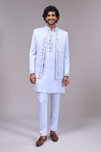 Shop Aariyana Couture Blue Mirror Work Jacket And Kurta Set Online at Aza Fashions Shop_Aariyana Couture_Blue Mirror Work Jacket And Kurta Set _Online_at_Aza_Fashions
