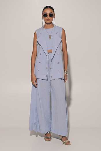 Kriti Bapna_Blue Linen Round Neck Thursday Embellished Jacket And Pant Set _Online_at_Aza_Fashions