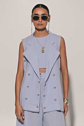 Buy_Kriti Bapna_Blue Linen Round Neck Thursday Embellished Jacket And Pant Set _Online_at_Aza_Fashions