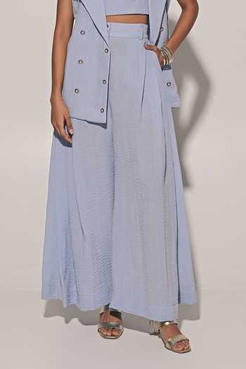 Shop_Kriti Bapna_Blue Linen Round Neck Thursday Embellished Jacket And Pant Set _Online_at_Aza_Fashions