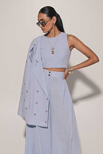 Kriti Bapna_Blue Linen Round Neck Thursday Embellished Jacket And Pant Set _at_Aza_Fashions