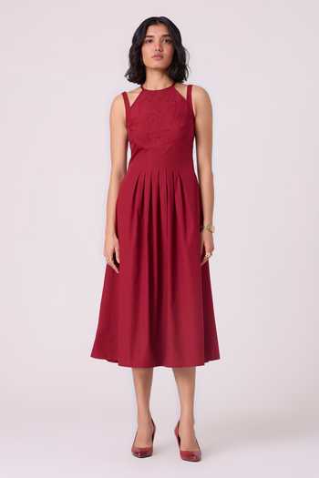 The Summer House_Red Cotton, Poplin Halter Neck Ellaria Embroidered Midi Dress _Online_at_Aza_Fashions