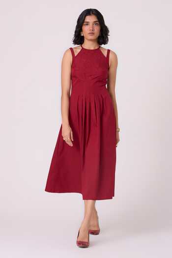 Buy_The Summer House_Red Cotton, Poplin Halter Neck Ellaria Embroidered Midi Dress _Online_at_Aza_Fashions