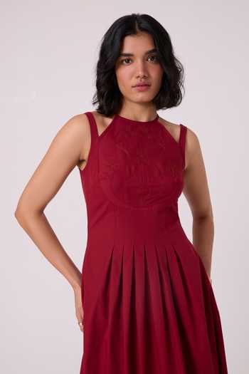 Shop_The Summer House_Red Cotton, Poplin Halter Neck Ellaria Embroidered Midi Dress 