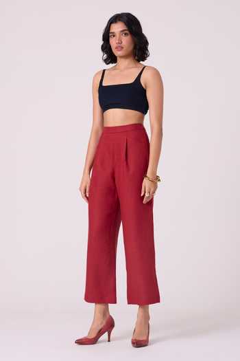 Buy_The Summer House_Red Linen Clyde Straight Fit Trouser _Online_at_Aza_Fashions
