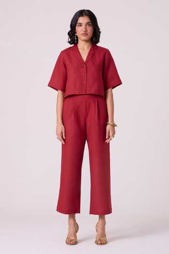 Shop_The Summer House_Red Linen Clyde Straight Fit Trouser _Online_at_Aza_Fashions