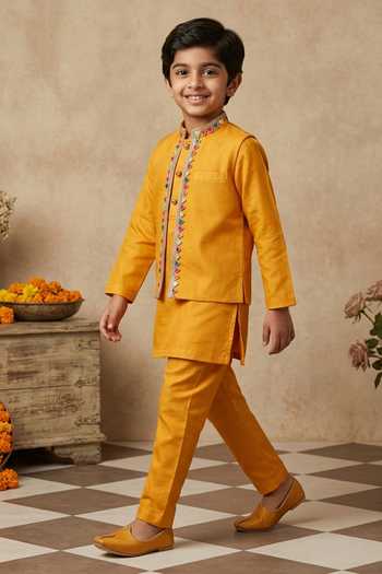 Byb Premium_Yellow Silk, Sequins, Embellished Kurta And Bundi Set _Online_at_Aza_Fashions