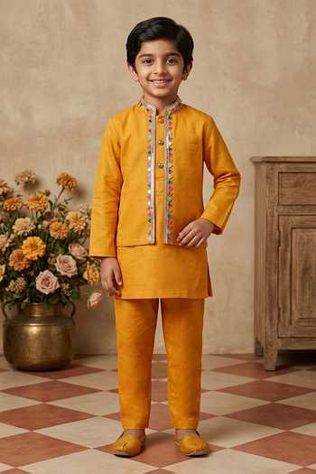 Buy_Byb Premium_Yellow Silk, Sequins, Embellished Kurta And Bundi Set _Online_at_Aza_Fashions