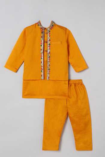 Shop_Byb Premium_Yellow Silk, Sequins, Embellished Kurta And Bundi Set _Online_at_Aza_Fashions
