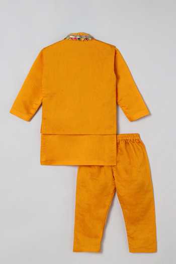 Byb Premium_Yellow Silk, Sequins, Embellished Kurta And Bundi Set _at_Aza_Fashions