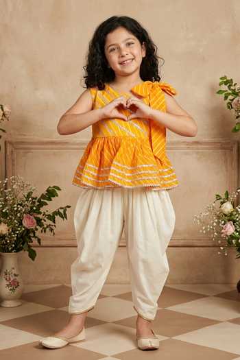 Buy_Byb Premium_Yellow Kota Doria, Cotton Patti, Leheriya Print Top And Dhoti Pant Set 