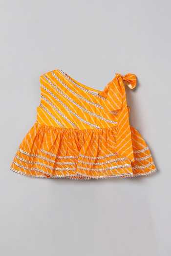 Shop_Byb Premium_Yellow Kota Doria, Cotton Patti, Leheriya Print Top And Dhoti Pant Set _Online_at_Aza_Fashions