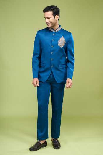Buy Arihant Rai Sinha Blue Rayon, Terrycloth Zari Placement Embroidered Bandhgala And Pant Set Buy_Arihant Rai Sinha_Blue Rayon, Terrycloth Zari Placement Embroidered Bandhgala And Pant Set