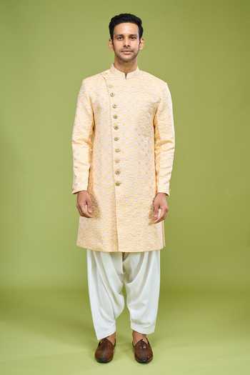 Buy_Arihant Rai Sinha_Yellow Brocade Zari Embroidery Sherwani Jacket Set _Online_at_Aza_Fashions