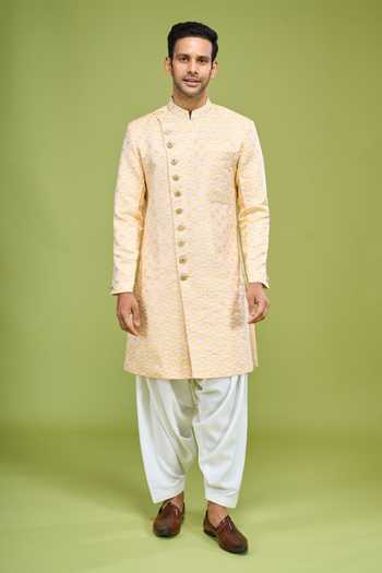 Shop_Arihant Rai Sinha_Yellow Brocade Zari Embroidery Sherwani Jacket Set _Online_at_Aza_Fashions