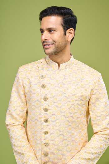 Arihant Rai Sinha_Yellow Brocade Zari Embroidery Sherwani Jacket Set _at_Aza_Fashions