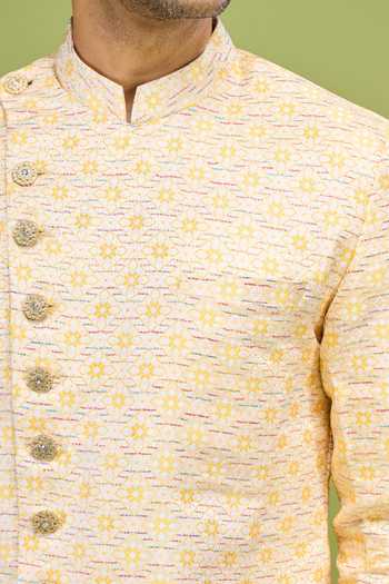 Buy_Arihant Rai Sinha_Yellow Brocade Zari Embroidery Sherwani Jacket Set 
