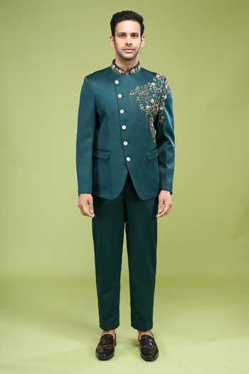Arihant Rai Sinha_Emerald Green Rayon, Terrycloth Zari, Hand Embroidered Bandhgala And Pant Set _at_Aza_Fashions