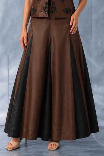Kalighata Pret_Brown Satin Collared Neck Embroidered Cropped Jacket Skirt Set _Online_at_Aza_Fashions