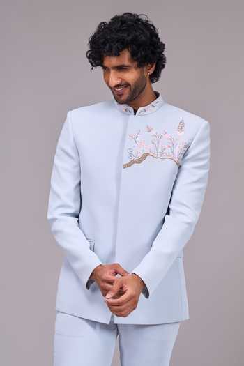 Buy Aariyana Couture Blue Embroidery Placement Bandhgala Set Buy_Aariyana Couture_Blue Embroidery Placement Bandhgala Set