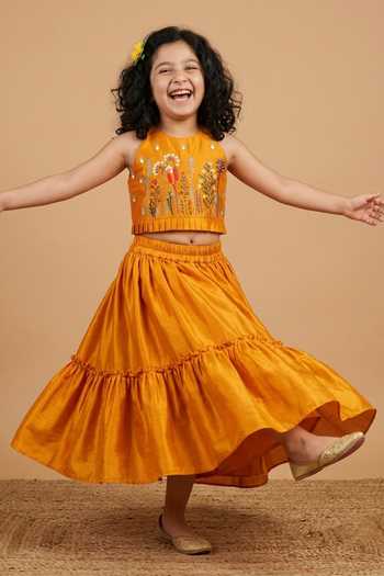 Byb Premium Orange Silk Embroidery Top And Skirt Set Online at Aza Fashions Byb Premium_Orange Silk Embroidery Top And Skirt Set _Online_at_Aza_Fashions