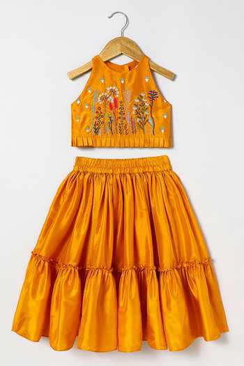 Byb Premium Orange Silk Embroidery Top And Skirt Set at Aza Fashions Byb Premium_Orange Silk Embroidery Top And Skirt Set _at_Aza_Fashions