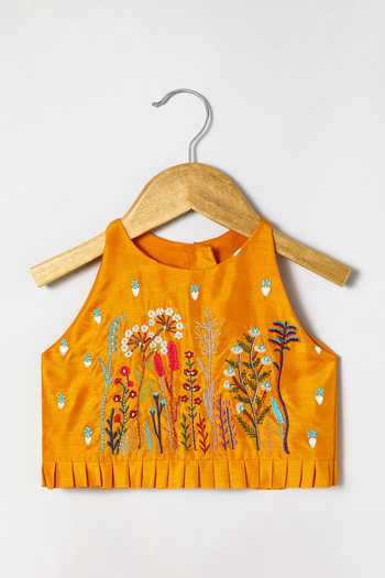 Shop Byb Premium Orange Silk Embroidery Top And Skirt Set Shop_Byb Premium_Orange Silk Embroidery Top And Skirt Set
