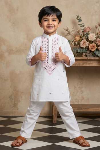 Byb Premium_White Chanderi Embroidery, Sequins Kurta Pyjama Set _Online_at_Aza_Fashions