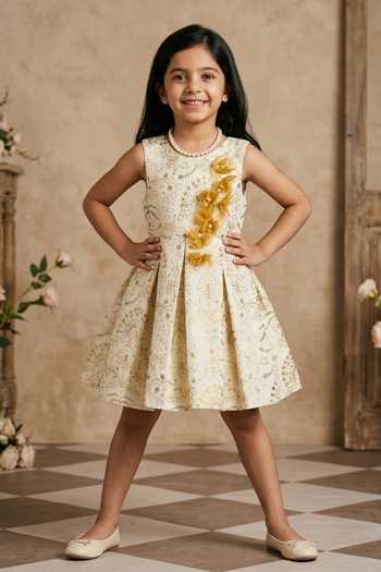 Byb Premium_Off White Silk Fabric Flowers Embroidered Dress _Online_at_Aza_Fashions