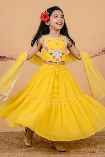 Byb Premium_Yellow Chanderi, Chiffon Hand Embroidered Top Lehenga Set _Online_at_Aza_Fashions