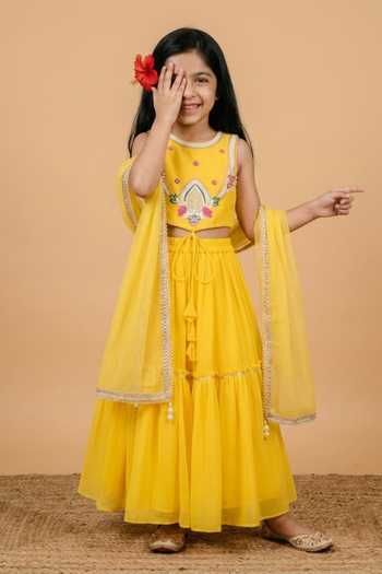 Buy_Byb Premium_Yellow Chanderi, Chiffon Hand Embroidered Top Lehenga Set _Online_at_Aza_Fashions