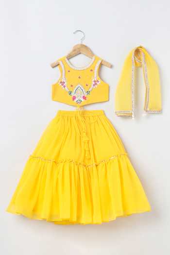 Shop_Byb Premium_Yellow Chanderi, Chiffon Hand Embroidered Top Lehenga Set _Online_at_Aza_Fashions