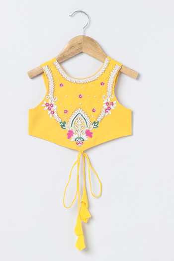 Byb Premium_Yellow Chanderi, Chiffon Hand Embroidered Top Lehenga Set _at_Aza_Fashions