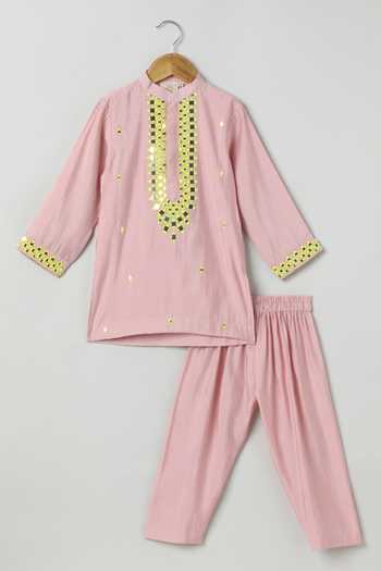 Byb Premium_Pink Cotton, Chanderi Mirror Embroidered Kurta Set _Online_at_Aza_Fashions