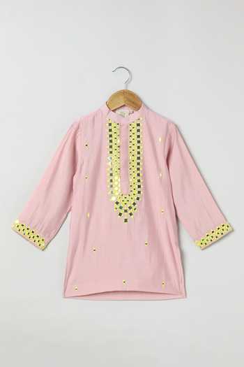 Buy_Byb Premium_Pink Cotton, Chanderi Mirror Embroidered Kurta Set _Online_at_Aza_Fashions