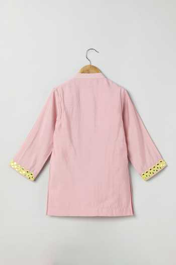 Shop_Byb Premium_Pink Cotton, Chanderi Mirror Embroidered Kurta Set _Online_at_Aza_Fashions