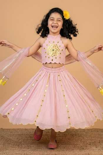 Byb Premium Pink Cotton, Chanderi Mirror Embellished Lehenga Set Online at Aza Fashions Byb Premium_Pink Cotton, Chanderi Mirror Embellished Lehenga Set _Online_at_Aza_Fashions