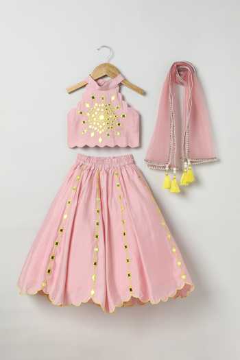 Buy_Byb Premium_Pink Cotton, Chanderi Mirror Embellished Lehenga Set _Online_at_Aza_Fashions