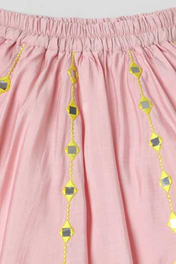 Shop_Byb Premium_Pink Cotton, Chanderi Mirror Embellished Lehenga Set 