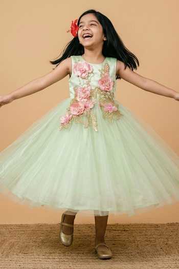 Byb Premium_Green Cotton, Tulle Floral Applique Dress _Online_at_Aza_Fashions