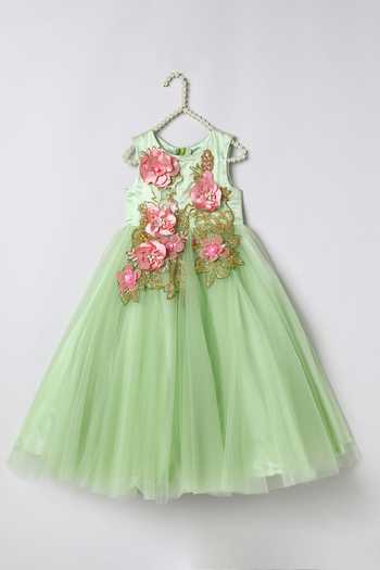 Buy_Byb Premium_Green Cotton, Tulle Floral Applique Dress _Online_at_Aza_Fashions
