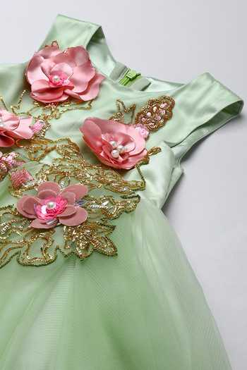 Byb Premium_Green Cotton, Tulle Floral Applique Dress _at_Aza_Fashions