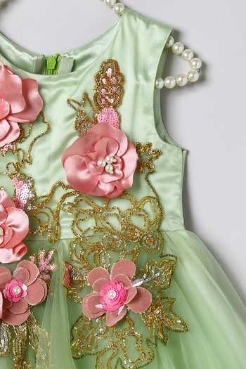 Buy_Byb Premium_Green Cotton, Tulle Floral Applique Dress 