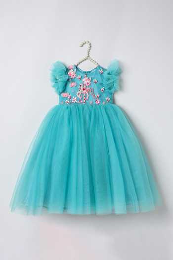 Byb Premium Turquoise Cotton, Tulle Hand Embroidered Dress Online at Aza Fashions Byb Premium_Turquoise Cotton, Tulle Hand Embroidered Dress _Online_at_Aza_Fashions