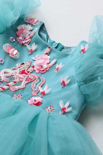 Shop Byb Premium Turquoise Cotton, Tulle Hand Embroidered Dress Online at Aza Fashions Shop_Byb Premium_Turquoise Cotton, Tulle Hand Embroidered Dress _Online_at_Aza_Fashions