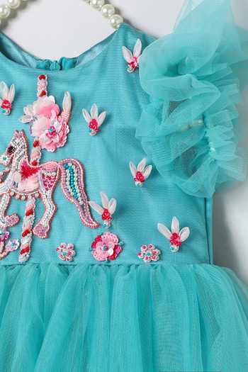 Byb Premium Turquoise Cotton, Tulle Hand Embroidered Dress at Aza Fashions Byb Premium_Turquoise Cotton, Tulle Hand Embroidered Dress _at_Aza_Fashions
