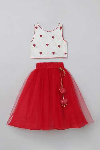 Shop Byb Premium Red Cotton, Tulle Beads Heart Motif Embroidered Top And Net Skirt Set Online at Aza Fashions Shop_Byb Premium_Red Cotton, Tulle Beads Heart Motif Embroidered Top And Net Skirt Set _Online_at_Aza_Fashions