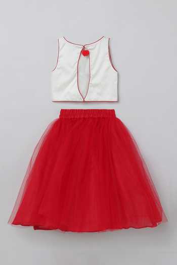 Byb Premium Red Cotton, Tulle Beads Heart Motif Embroidered Top And Net Skirt Set at Aza Fashions Byb Premium_Red Cotton, Tulle Beads Heart Motif Embroidered Top And Net Skirt Set _at_Aza_Fashions